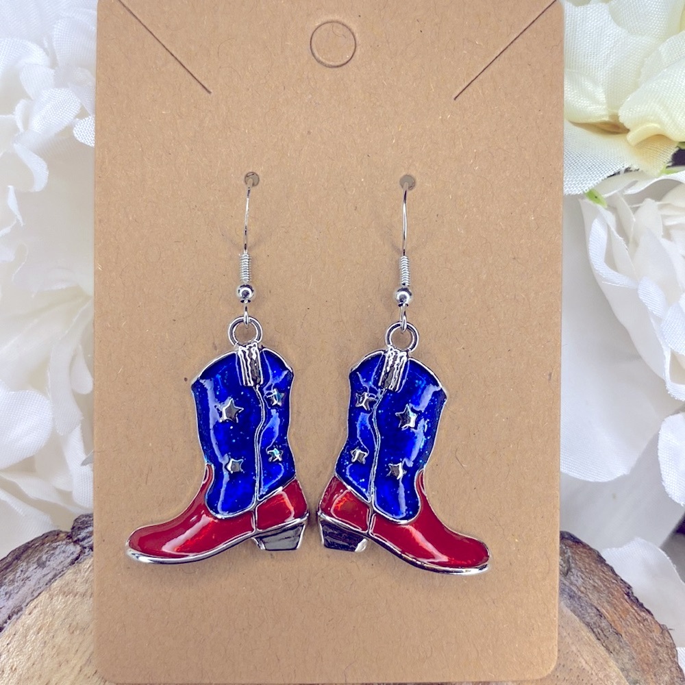 Red White and Blue Cowboy Boots Silver Hypoallergenic Dangly Earrings NWT